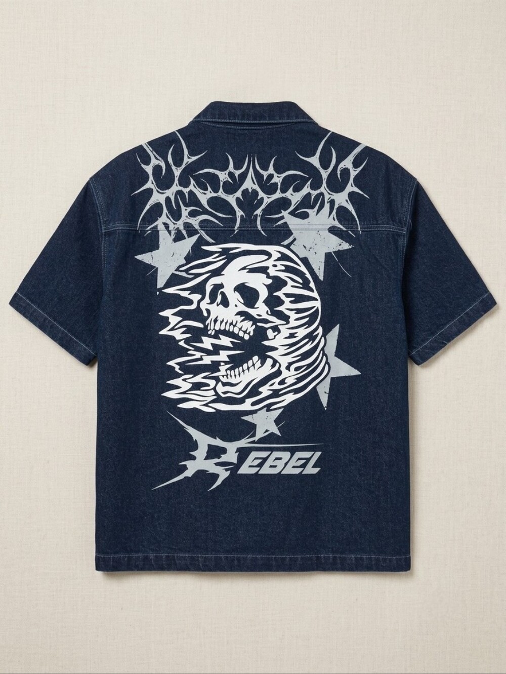Rebel Vengeance Motorsports Graphic Skull Denim Dark Blue Jean Short Sleeve